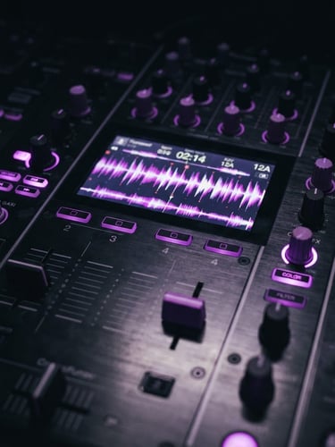 dark editorial photography, low-light studio environment, glowing screen illumination, deep blacks with neon purple accents, macro lens, tight crop on a DJ mixer with glowing waveforms on a screen