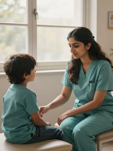 Dr. Dipa Sharma gently interacting with a child patient in a sunlit waiting area, both relaxed, soft natural window light, muted teal and warm sand tones, shallow depth of field.