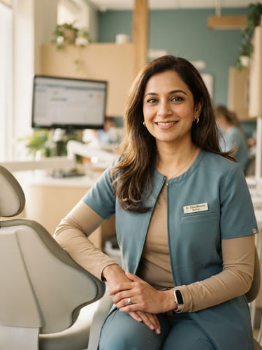 Warm portrait of Dr. Dipa Sharma, professional attire, gentle smile, in a sunlit modern dental clinic, soft focus on her, shallow depth of field, muted teal and warm sand tones.