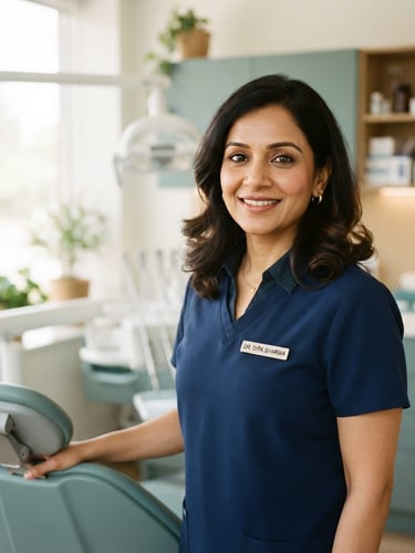 Portrait of Dr. Dipa Sharma in a modern, clean dental clinic, smiling gently, soft natural window light, muted teal and warm sand tones, shallow depth of field. She is wearing professional attire.