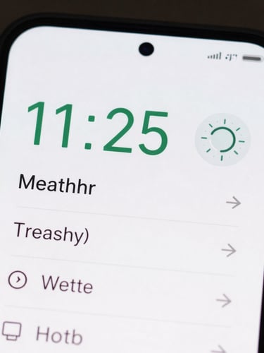 Macro close-up of a premium Android phone screen displaying a minimalist weather utility with clean geometric sans-serif typography, soft green accents, and generous negative space