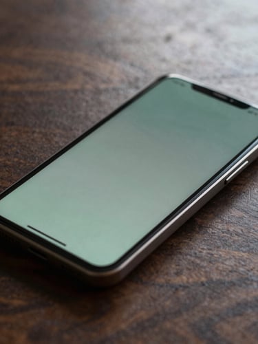 A close-up macro shot of a physical Android device resting on a clean dark oak desk, displaying a minimalist sage green and slate user interface under soft, diffused afternoon light.