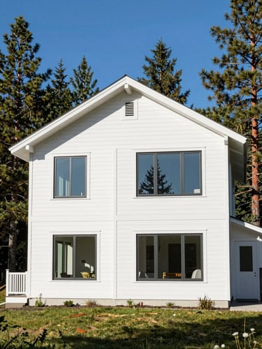 Bright architectural photography of a pristine mountain home exterior with clean windows and siding, surrounded by pine trees, morning sun, 35mm