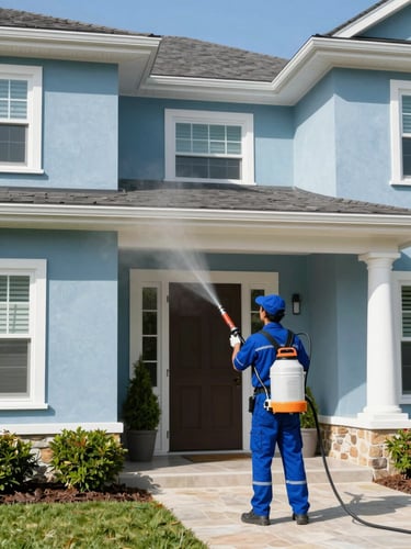 Professional exterior cleaning technician in clean uniform operating soft-wash equipment on a beautiful home facade, bright daylight, 35mm
