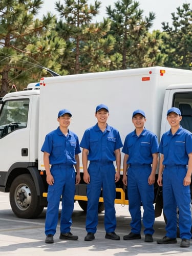 A professional exterior cleaning crew in clean blue uniforms standing next to their service truck, smiling, bright morning daylight, pine trees in the background, sharp focus, 35mm