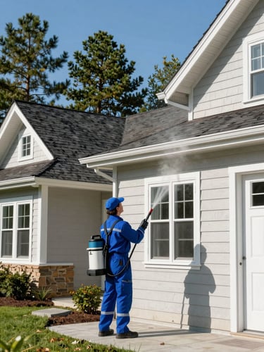 A professional exterior cleaning technician in a clean uniform operating soft-wash equipment on a beautiful cedar-sided home, crisp morning daylight, pine trees in background
