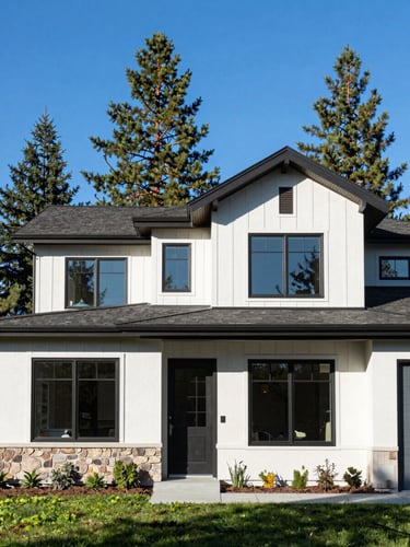 Bright architectural photography of a modern home exterior in Bonners Ferry, Idaho, crisp morning daylight, pine trees in background, sharp focus, 35mm
