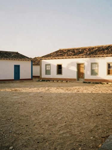 Warm sun-washed traditional public square in Ceará interior, soft golden-hour light, rustic architecture, 35mm photography