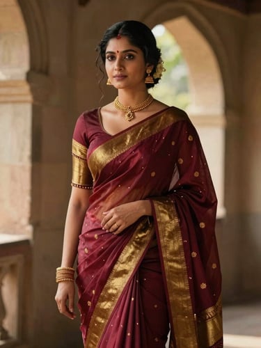 Elegant portrait of a woman draped in a royal maroon and gold Kanchipuram saree, standing against a rustic stone archway in Bengaluru, soft natural sunlight, cinematic editorial photography, 35mm