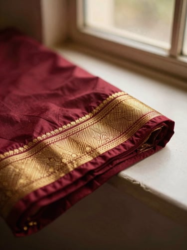 Macro close-up of folded crimson silk saree with intricate gold zari borders, soft golden-hour window light, shallow depth of field, 35mm