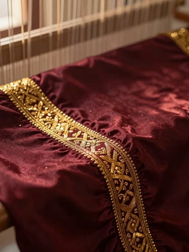 Macro photograph of deep maroon silk fabric on a loom, intricate gold zari threads glistening under warm golden-hour side light, shallow depth of field, tactile luxury, 35mm