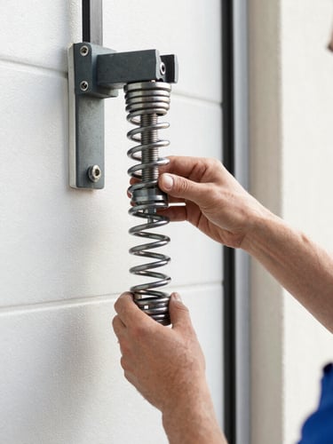 Close-up of a professional technician in a clean uniform adjusting a heavy-duty steel torsion spring on a garage door, bright natural daylight, sharp focus, 35mm lens