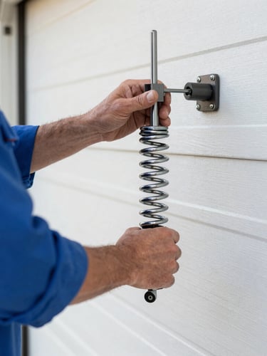 Close-up of a technician in a clean blue uniform adjusting a heavy-duty steel torsion spring on a residential garage door, bright natural light.