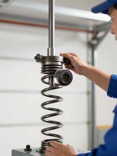 sharp professional photography, bright natural daylight, clean industrial tones, a technician in a clean uniform replacing a heavy-duty garage door torsion spring, 35mm lens