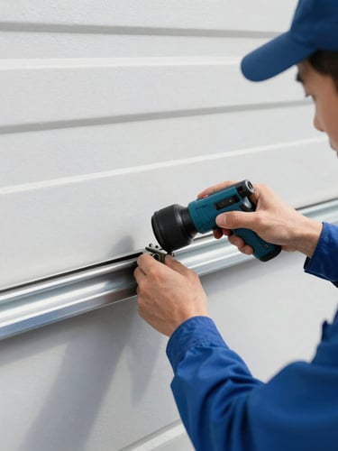 A technician in a blue uniform repairing a steel garage door track using professional tools, bright daylight, sharp details, 35mm lens