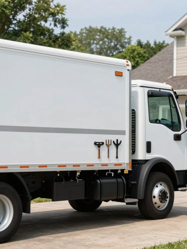 A clean professional service truck parked in a bright suburban Mt Laurel driveway, side profile showing organized tools, daylight, sharp focus.