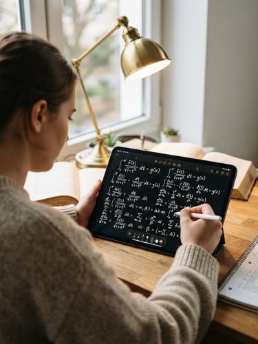 Over-the-shoulder shot of a student's tablet showing a handwritten calculus equation, warm desk lamp light, focused atmosphere