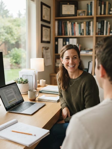 A professional academic counselor in a bright home office, smiling warmly, over-the-shoulder view of a clean workspace, soft daylight