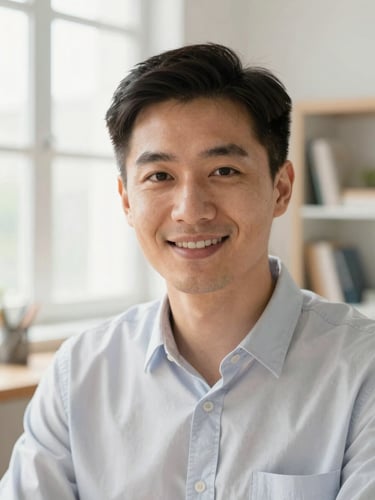 Medium close-up of a tutor looking directly at the camera with a warm, professional expression, bright natural window light, clean home workspace background.