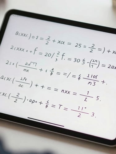 Over-the-shoulder shot of a digital tablet with handwritten math formulas solved in bright ink, soft lighting, 35mm lens