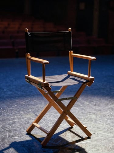 Cinematic editorial photography, warm natural light, high-contrast deep blue shadows, a vintage director's chair sitting empty on a dimly lit theater stage, rich textures, 35mm film