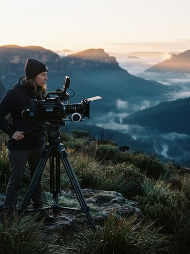 Wide cinematic shot of a documentary filmmaker's camera on a tripod, subtly capturing a serene, misty landscape at dawn, dramatic side-lighting, rich deep blue shadows, 35mm film aesthetic.