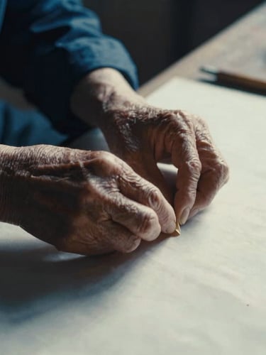 Portrait-style cinematic still of an elder's weathered hands gently tending to a traditional craft, warm natural light, high-contrast deep blue shadows, rich paper textures, 35mm film aesthetic.