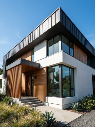 Low-angle architectural photography of a modern minimalist home with a matte charcoal metal roof, sharp direct sunlight casting geometric shadows, 35mm lens.