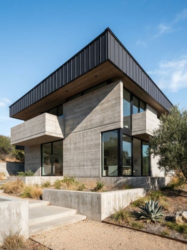 Low-angle architectural exterior shot of a modern minimalist home with a dark charcoal metal roof, sharp geometric shadows cast by harsh direct sunlight, concrete walls, 35mm lens.
