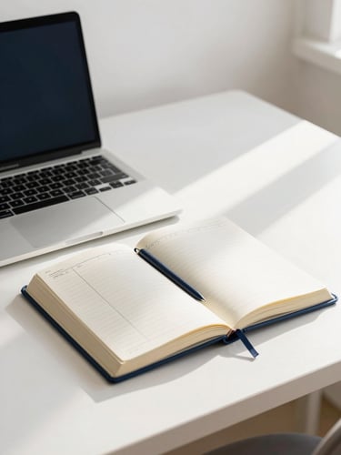 A bright, clean desk setup with a modern laptop, an open physical planner showing neat columns, soft natural window light casting gentle shadows, muted navy accents