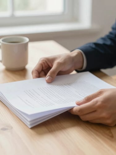 Close-up of a person's hands organizing papers on a clean wooden desk next to a ceramic coffee mug, soft natural window light, warm sand tones.