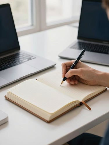 Close-up of hands writing in a physical planner next to a modern laptop on a clean desk, bright natural window light, muted navy and warm sand tones, 35mm lens