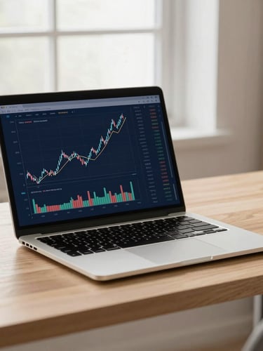 A clean, organized modern desk setup with a laptop showing financial charts, bright natural window light, muted navy and warm sand tones.