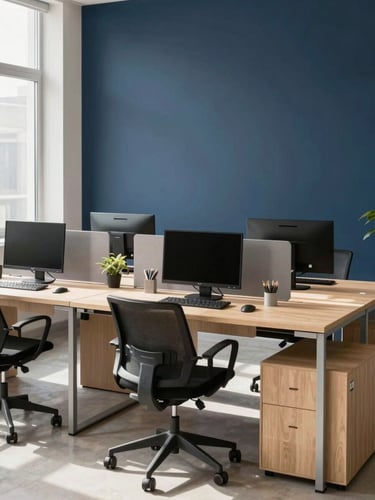 A wide environmental shot of a modern, organized office workspace with a clean desk setup, bright natural window light casting soft shadows, muted navy and warm sand tones, 35mm lens.