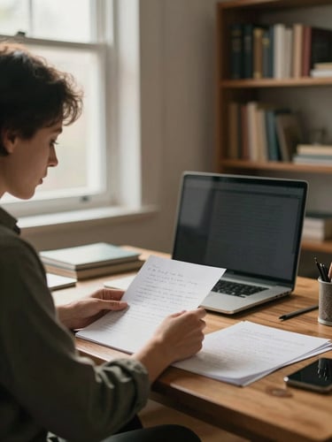 Wide environmental shot of a quiet home office, an advisor seated at a wooden desk reviewing handwritten notes under soft window light from the left, warm afternoon glow on papers and hands, bookshelves slightly out of focus in the background, calm and unhurried atmosphere
