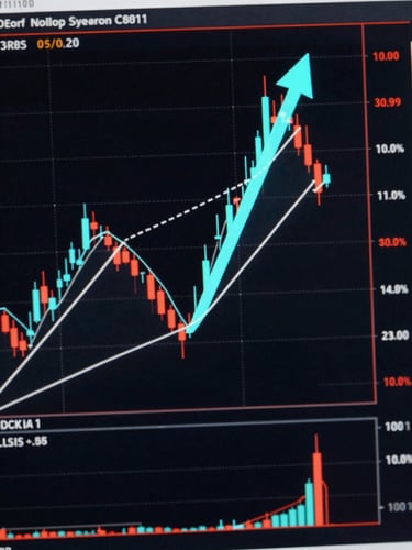 Full-height annotated trading chart screenshot showing a swing trade setup: order block zone highlighted in cyan, buy signal arrow at entry candle, take-profit and stop-loss lines marked in white dashes, dark background, screen-lit precision, no people