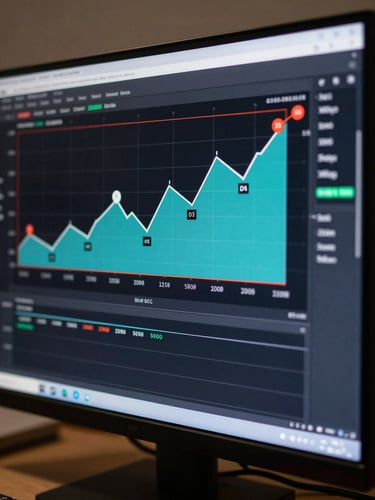 Close-up annotated trading chart on dark monitor showing order block zones highlighted in cyan with entry and stop-loss markers, clean screen-lit studio environment, no text overlays, data-precise composition