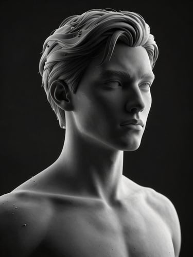 Hyper-realistic synthetic human model with dramatic key lighting, dark monochrome studio background, ultra-detailed 8k render