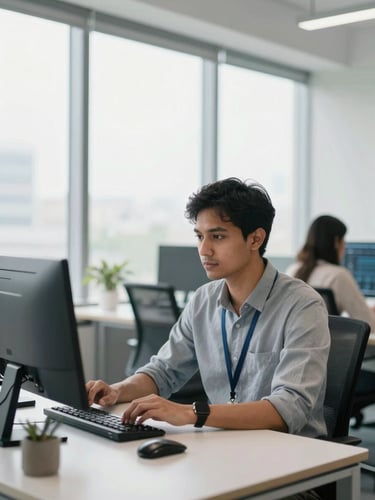 A professional remote software engineer working in a bright, modern Bangalore office with natural daylight streaming through large windows, shallow depth of field, 35mm.