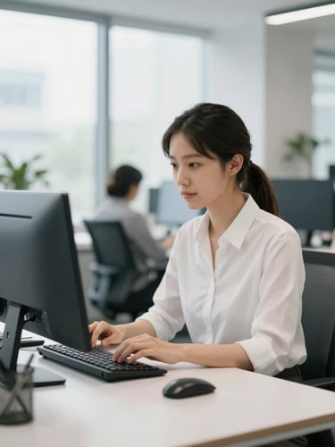 A focused female software engineer working in a modern, bright tech office with soft daylight, shallow depth of field, 35mm