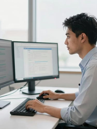 A professional software developer in a bright, modern Bangalore office working on dual monitors, soft daylight, shallow depth of field, 35mm