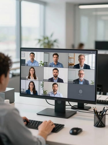 A professional remote team meeting displayed on a modern office screen, clean corporate setting, daylight.