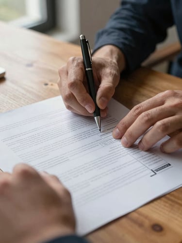 Close-up of hands reviewing a printed property inspection document on a wooden table, natural window light from the left, pen resting on the page, honest documentary detail