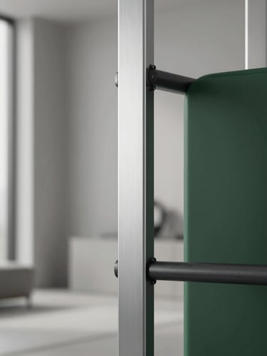 Sleek, minimalist home fitness equipment detail, clean brushed aluminum frame, soft diffused daylight, architectural modern home interior background