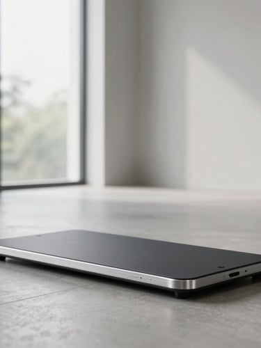 Sleek minimalist walking pad with brushed aluminum frame in a modern architectural interior, soft diffused morning light, 50mm lens.