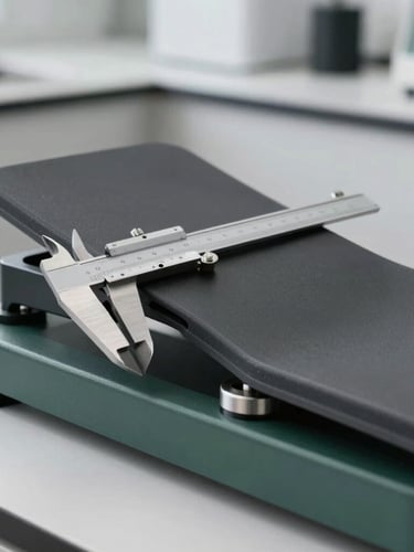 Close-up of a high-end vibration plate engineering prototype, technical calipers measuring a brushed steel joint, clean laboratory environment.