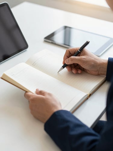Close-up of hands reviewing a physical ledger and a tablet on a clean desk, professional editorial photography, bright natural office light, deep navy and warm gold undertones, sharp focus, 35mm