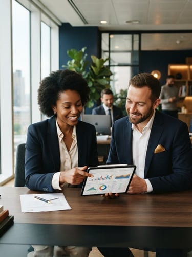 Professional, warm portrait of two financial advisors (one male, one female, diverse) in a modern, organized office workspace, reviewing a tablet together, bright natural office light, deep navy and warm gold undertones, sharp focus, 35mm