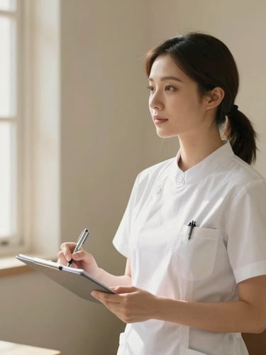 A professional female nurse practitioner in a warm cream-toned consultation room, soft natural window light, holding a pen, shallow depth of field, warm clinical minimalism.