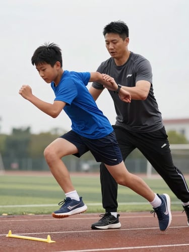 A coach instructing a young athlete on proper running form during an agility drill, overcast daylight, sharp focus.